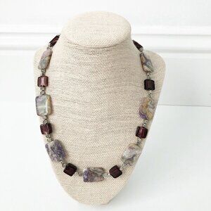 NWT Genuine Charoite, Murano Glass & Metallic Flowers Necklace Purple Silver